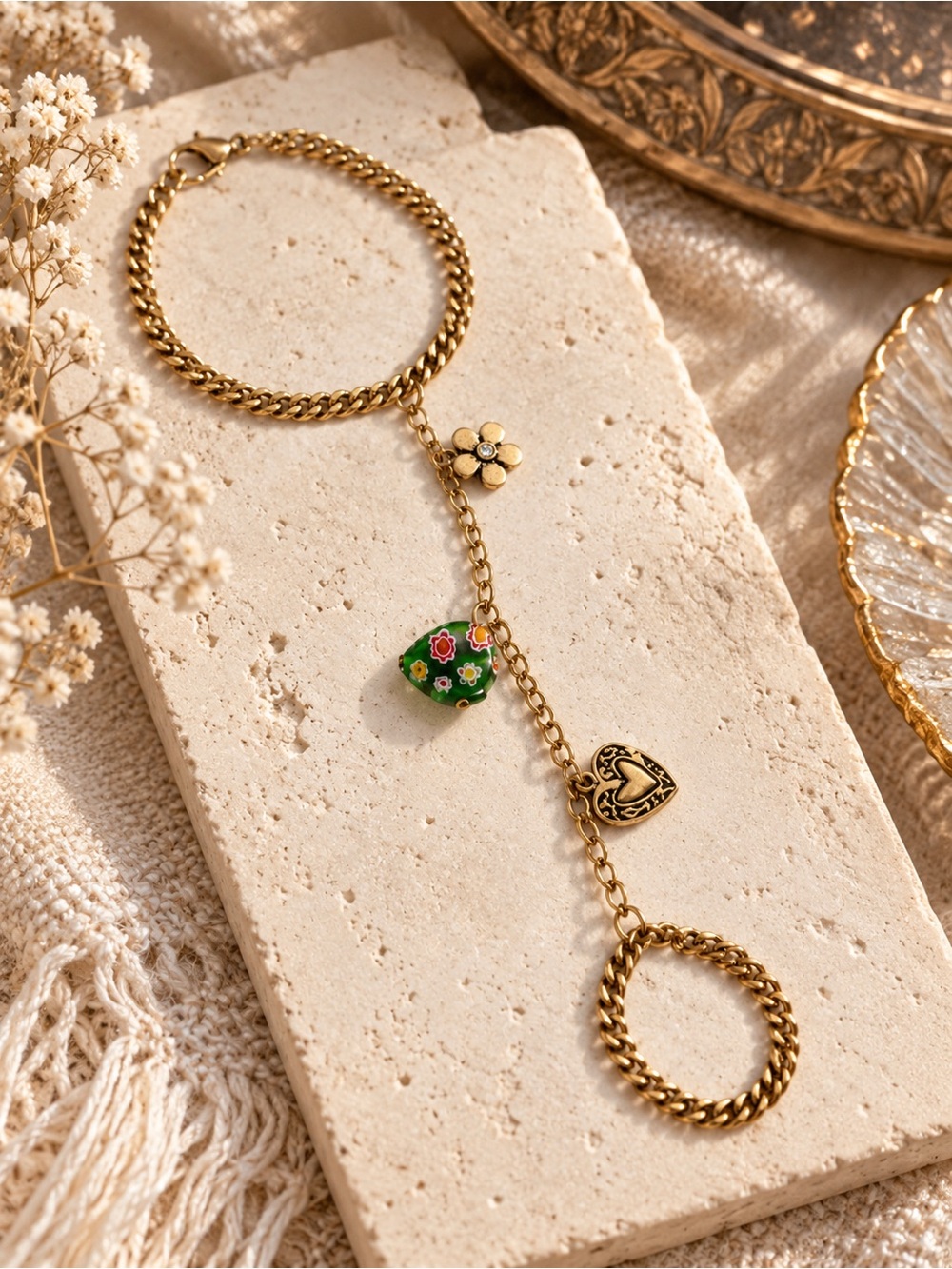 Free People Valentina Gold Hand Chain Floral Heart Charm Boho Jewelry